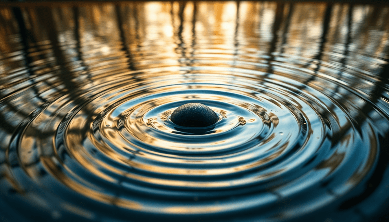 Ekstrem close-up af vandoverflade med koncentriske ringe der spreder sig udad. Perfekte cirkler fra vandets centrum. Gyldne efterårsfarver og blå refleksioner. Serene, meditativ sammensætning. Symboliserer hvordan små handlinger spreder sig i ringerne.