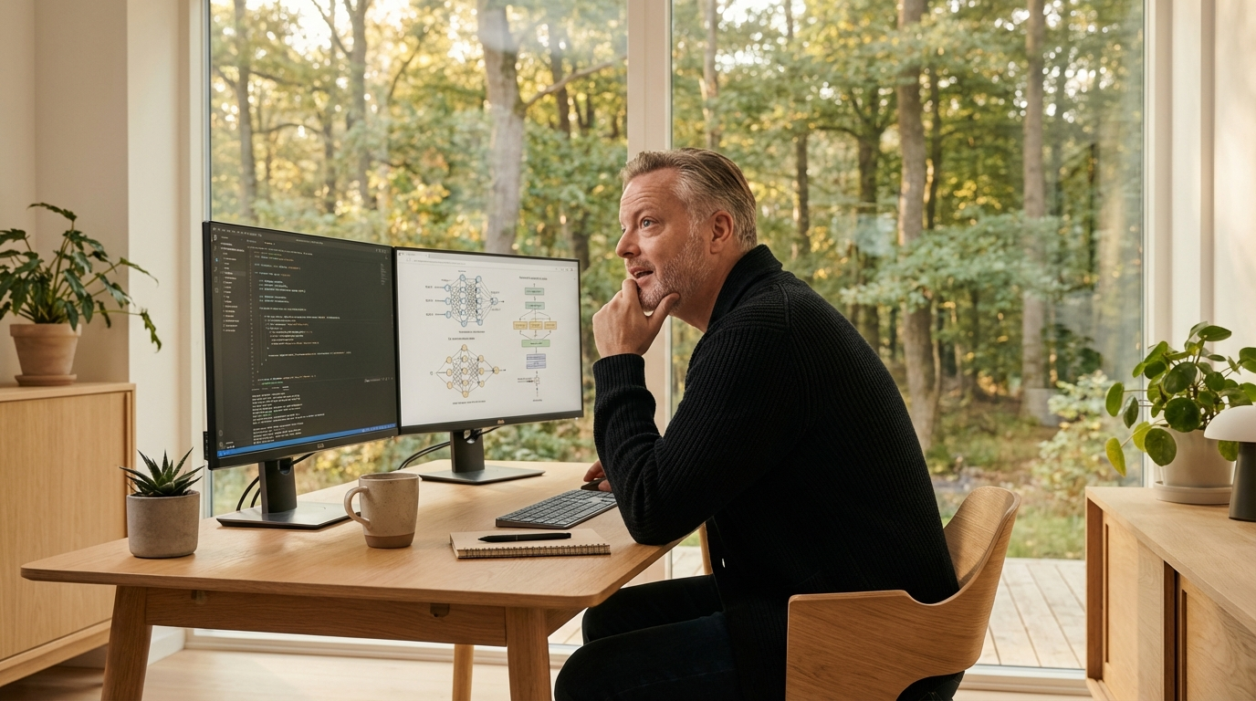 Troels sidder reflektiv ved sit arbejdssted omgivet af kode og AI-visuals. Mennesket der puster værdier ind i systemet.