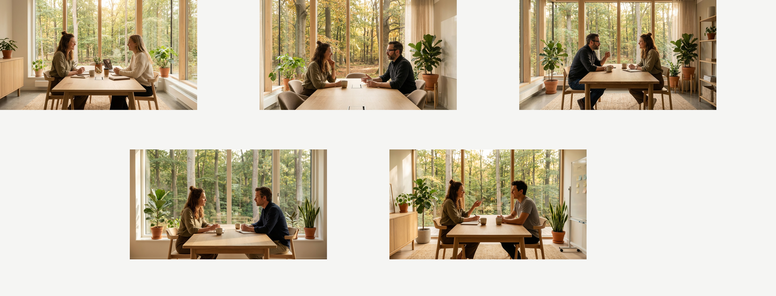 Collage af fem en-til-en samtaler: Vera med Quinn, Aksel, Pia, Tom, og Ada. Hver samtale viser to mennesker ved mødeord i danske kontorer med skov synlig gennem vinduerne. Repræsenterer de 14 samtaler med de samme tre spørgsmål.