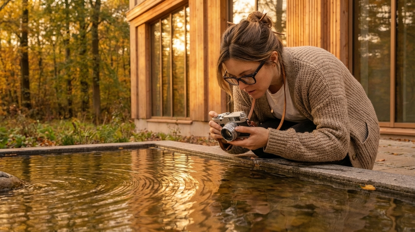 Simone bent tæt over vandbasinet med sit kamera, fotograferer close-up af ringerne i vandet. Fokuseret udtryk, dokumenterer de små detaljer. Dansk skov og kontor gennem vinduerne i baggrunden. Gyldne efterårsfarver.