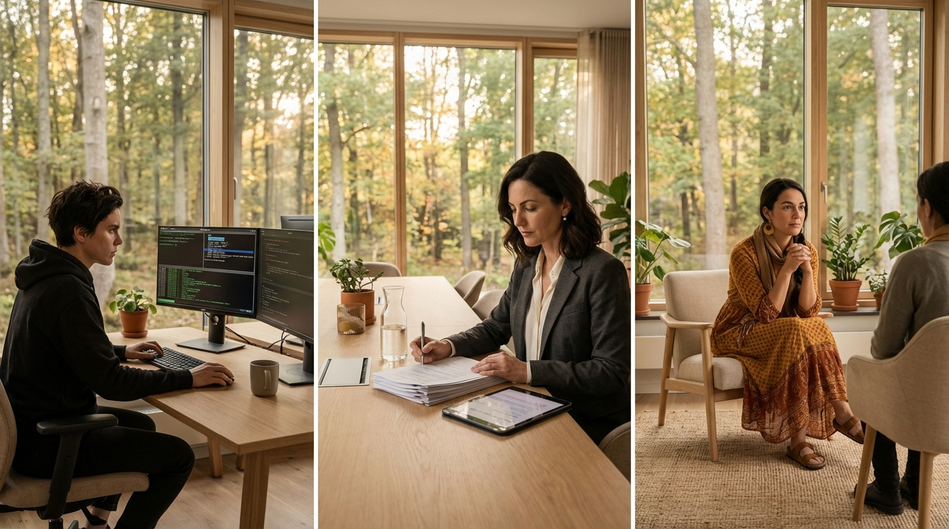 Tre træningsscener viser tre værdier i praksis: Quinn i sikkerhedstræning (Trygt), Nora i GDPR/compliance træning (Tillidsfuldt), Maya i konfliktløsning træning (Kærligt). Hver person træner i moderne dansk kontor med skov gennem vindue.