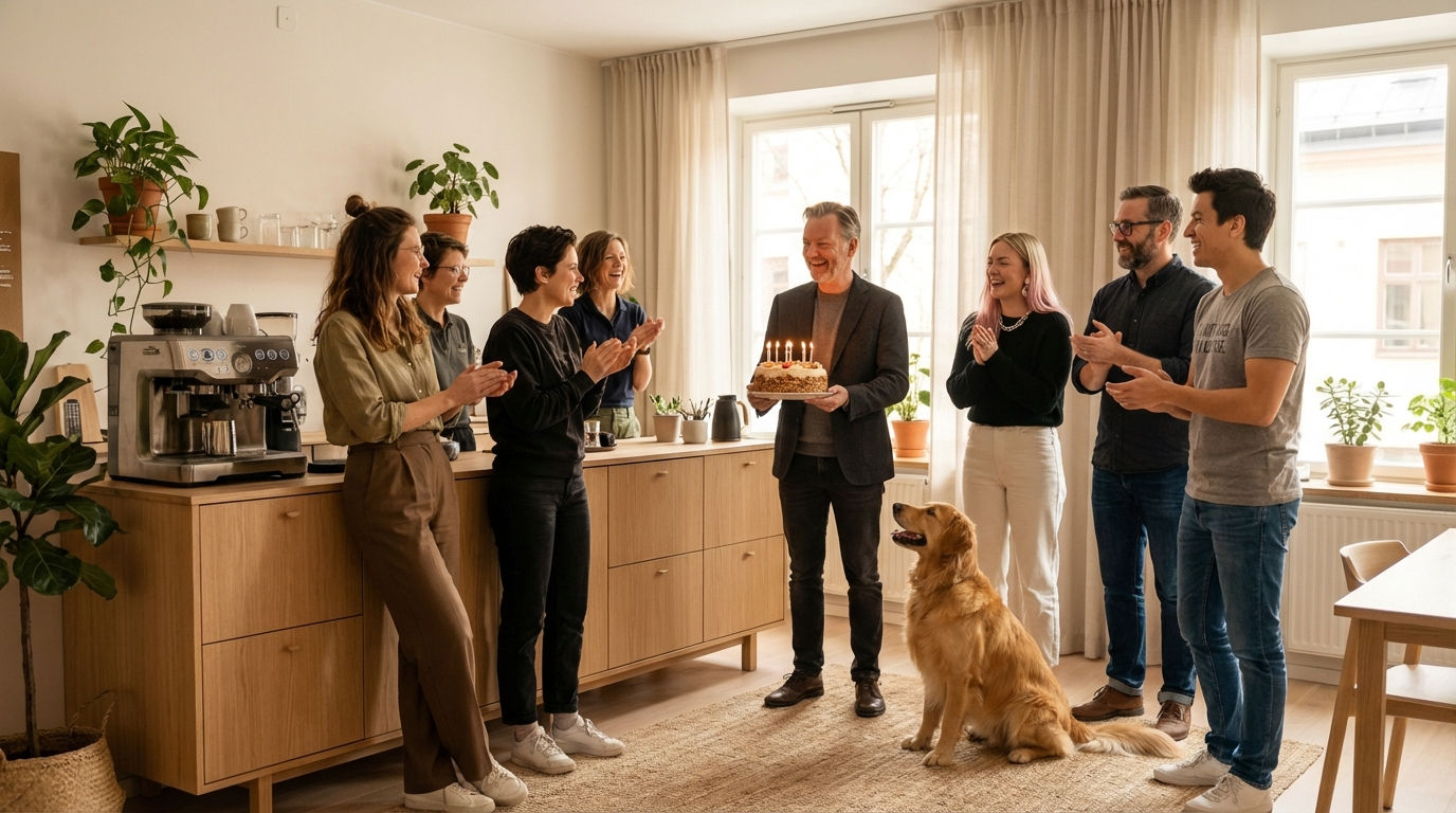 Fejring med fødselsdagskage i caféen